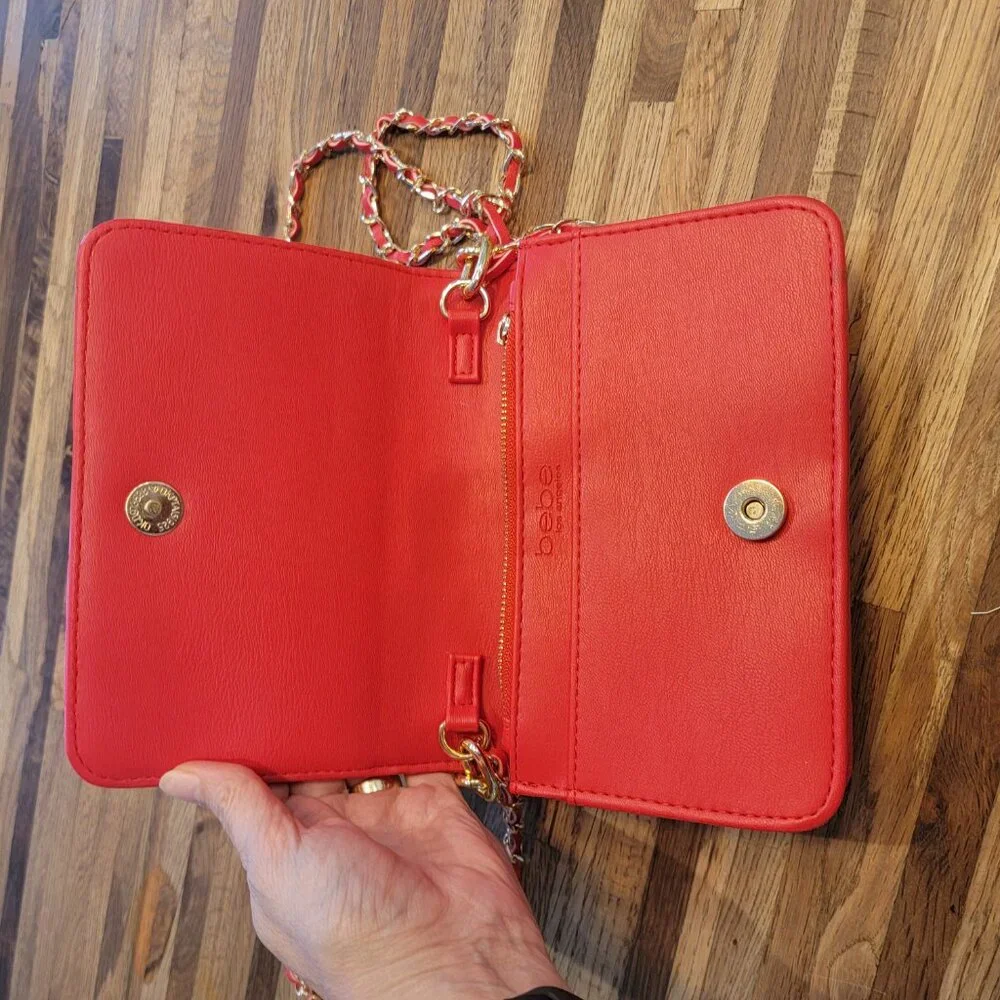 BEBE Red Quilted Faux Leather Crossbody Purse w Gold Chain Handstrap